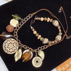 Necklace & Bracelet set, faux ivory w leather tie